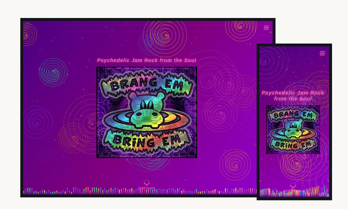 Desktop and mobile screenshots of the Brang Em Bring Em website showing the band homepage artwork.