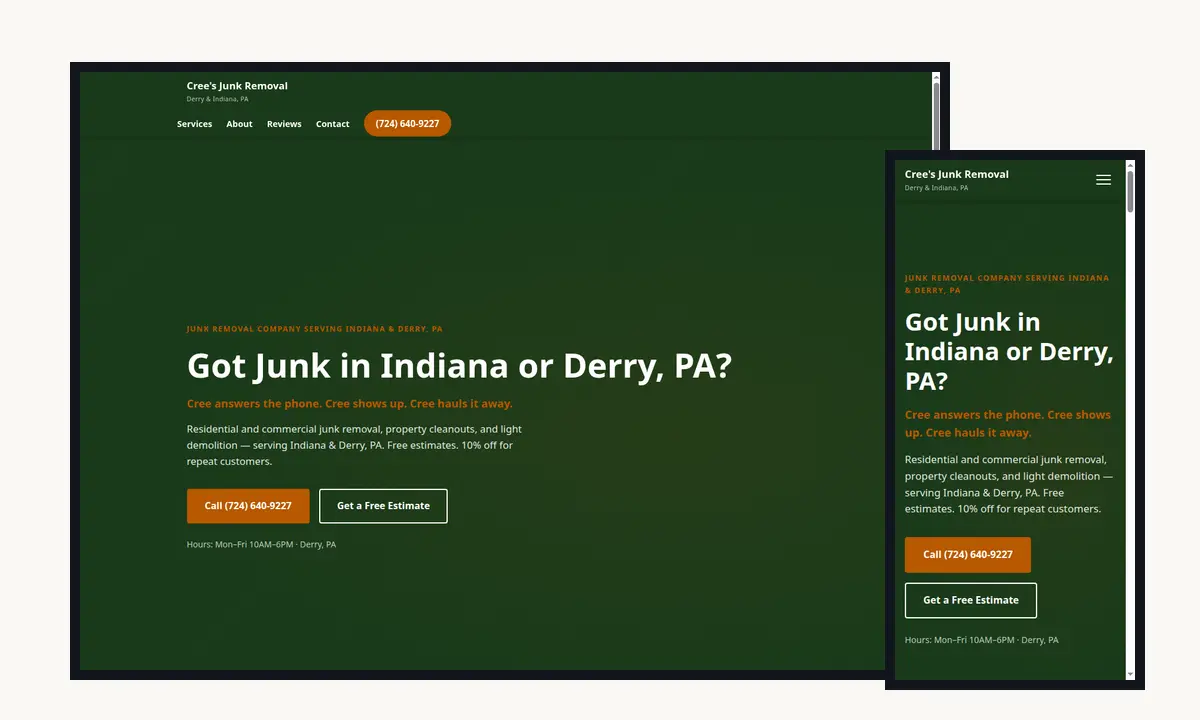 Desktop and mobile screenshots of the Cree's Junk Removal website showing the service-area homepage and estimate actions.