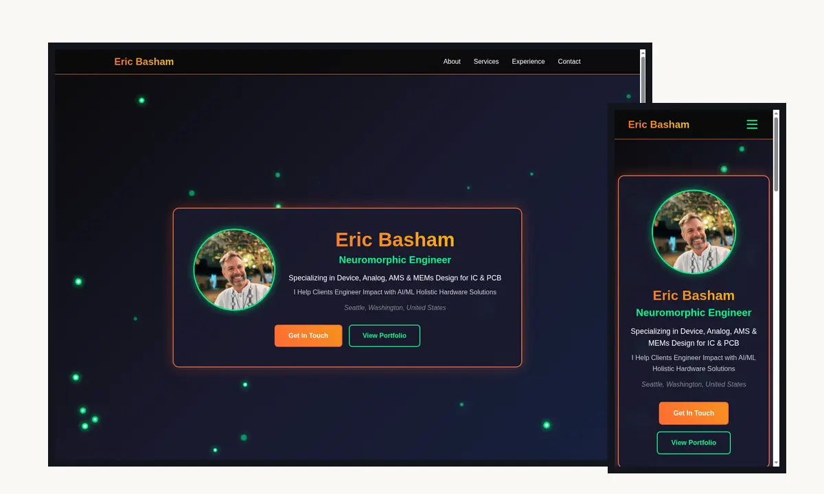 Desktop and mobile screenshots of the Eric Basham website showing the homepage hero and contact actions.