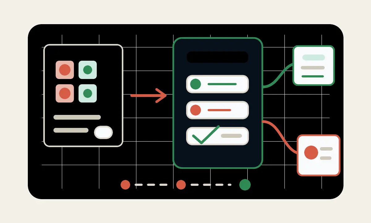 Conceptual ecommerce flow artwork showing product options, rules, and checkout or quote routing.
